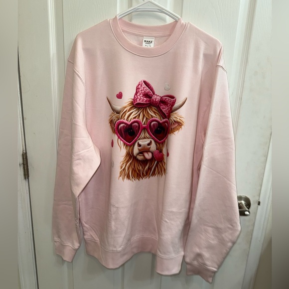 Michaels Sweaters - Size XL Pre Made Pink Highland Cow Sweatshirt Fleece Lined Valentines Sweatshirt